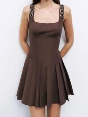 Nocturne Brown Square-Neck Pleated Dress
